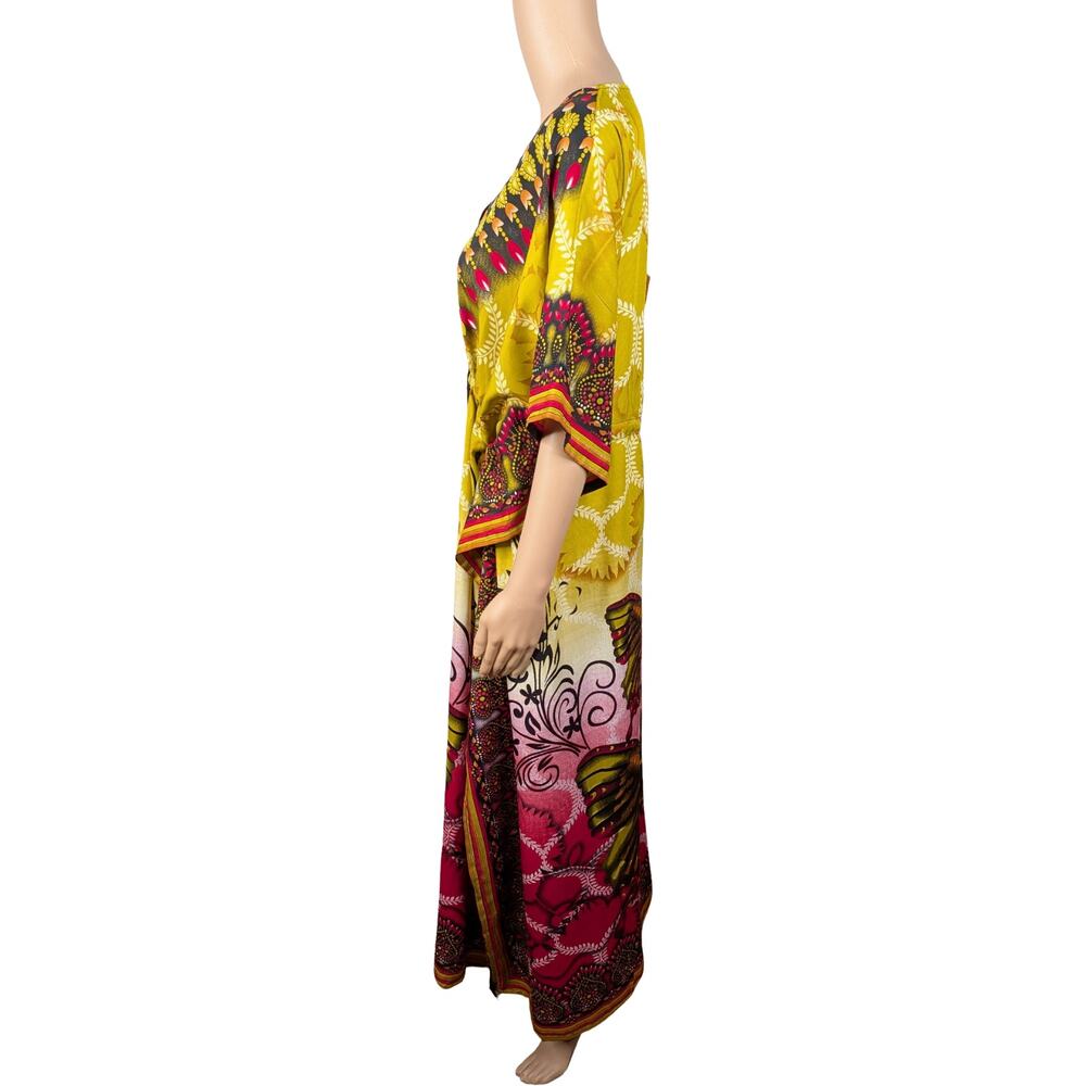 Jovie Butterfly Maxi Kaftan Dress OSFM Sunset Pink Yellow Drawstring Waist EUC - Picture 6 of 9